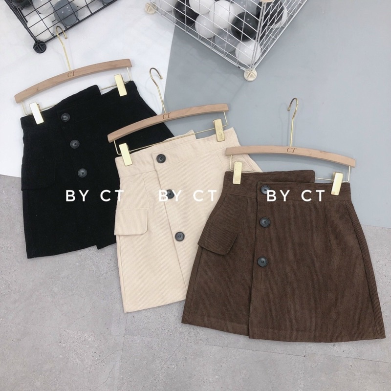 Set áo dài tay Trễ vai kèm chân váy nhung tăm 3 cúc lệch Hiện đại - Có tách set bán rời áo và váy