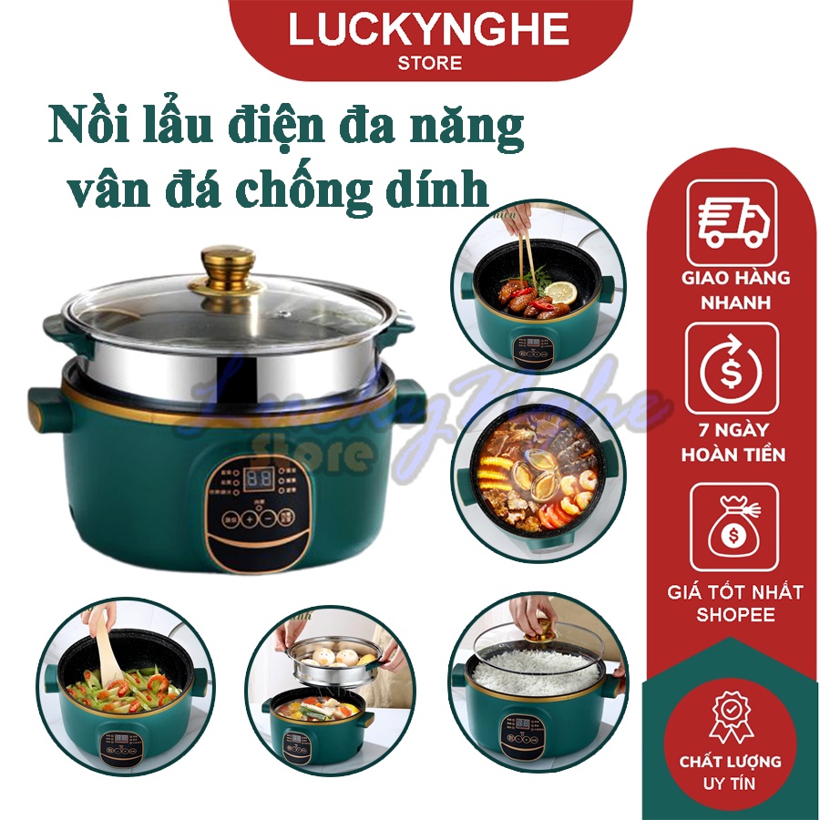 Nồi lẩu điện đa năng chống dính BAIDAZUN, nồi lẩu gia đình vân đá shanban 24cm kèm hấp inox cao cấp