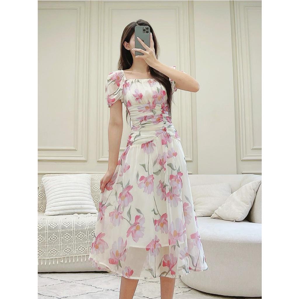 Váy hoa cổ vuông nhún eo tay bồng Yv179 YAME