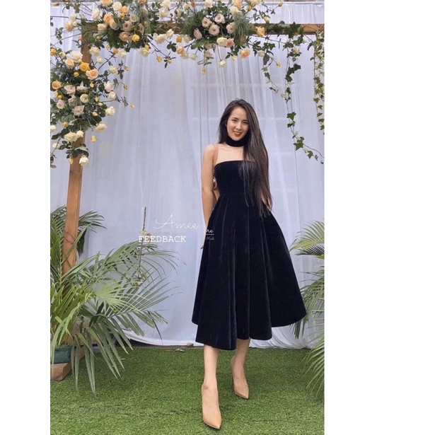 Váy Đầm Cup Ngực Xoè Nơ Lưng Bản To Phối Vòng Cổ Dự Tiệc Chất Nhung Size S M L V178 AĐ BOUTIQUE