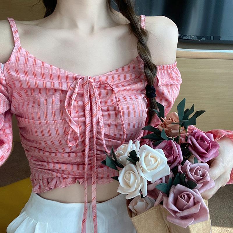 Áo Ren Lửng Tay Dài Trễ Vai Quyến Rũ Phong Cách Retro Hàn Quốc