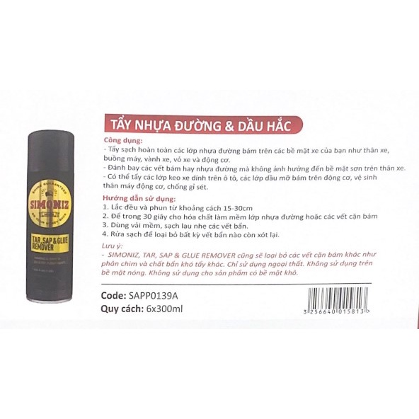 Chai xịt tẩy nhựa đường và dầu hắc Simoniz Tar, Sap & Glue Remover 300ml