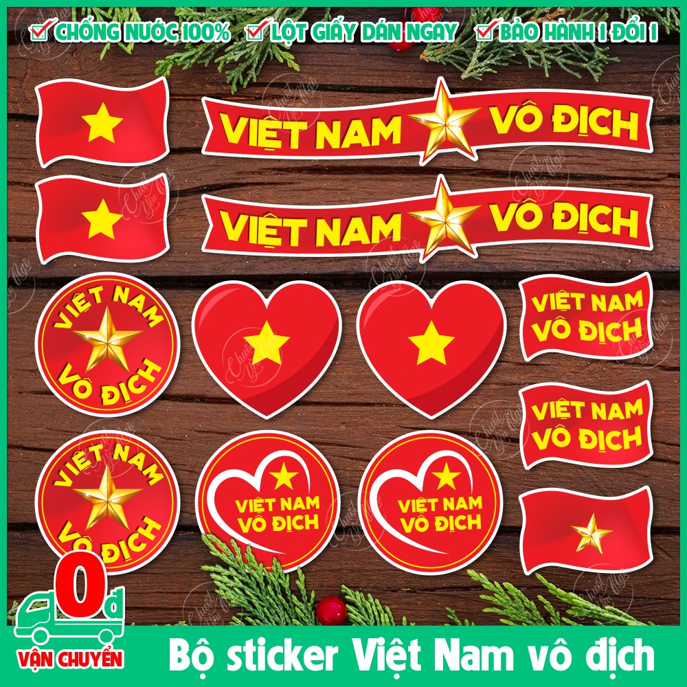 Bộ 13 sticker decal chống nước hình dán trái tim đỏ lá cờ đỏ sao vàng Việt Nam vô địch tôi yêu việt nam cổ động bóng đá