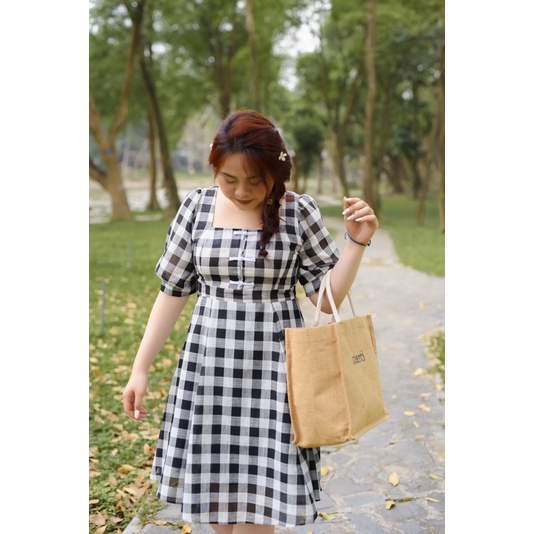 ĐẦM VÁY KẺ CARO BIGSIZE CÚC SƯỜN XÁM BABYDOLL - IZYBYNHI