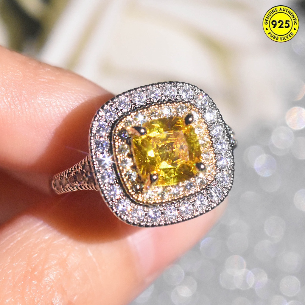 Nhẫn Mạ Bạc 925 Đính Kim Cương Nhân Tạo Vuông Sang Trọng Thời Trang