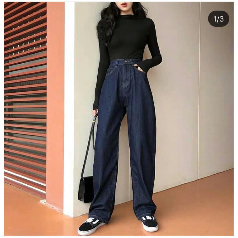 [ VÔ THƯỜNG!! ] QUẦN JEAN ỘNG RỘNG NỮ CAO CẤP NITI QC LƯNG CAO MÀU XANH ĐẬM LAI CUỐN CỰC PHONG CÁCH-NL23022058