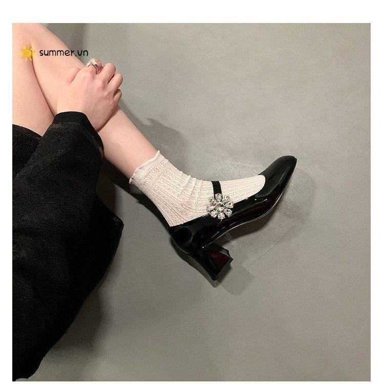 Giày Cao Gót Mary Jane Mũi Vuông Đính Đá Phong Cách Thời Trang Retro Mới 2022