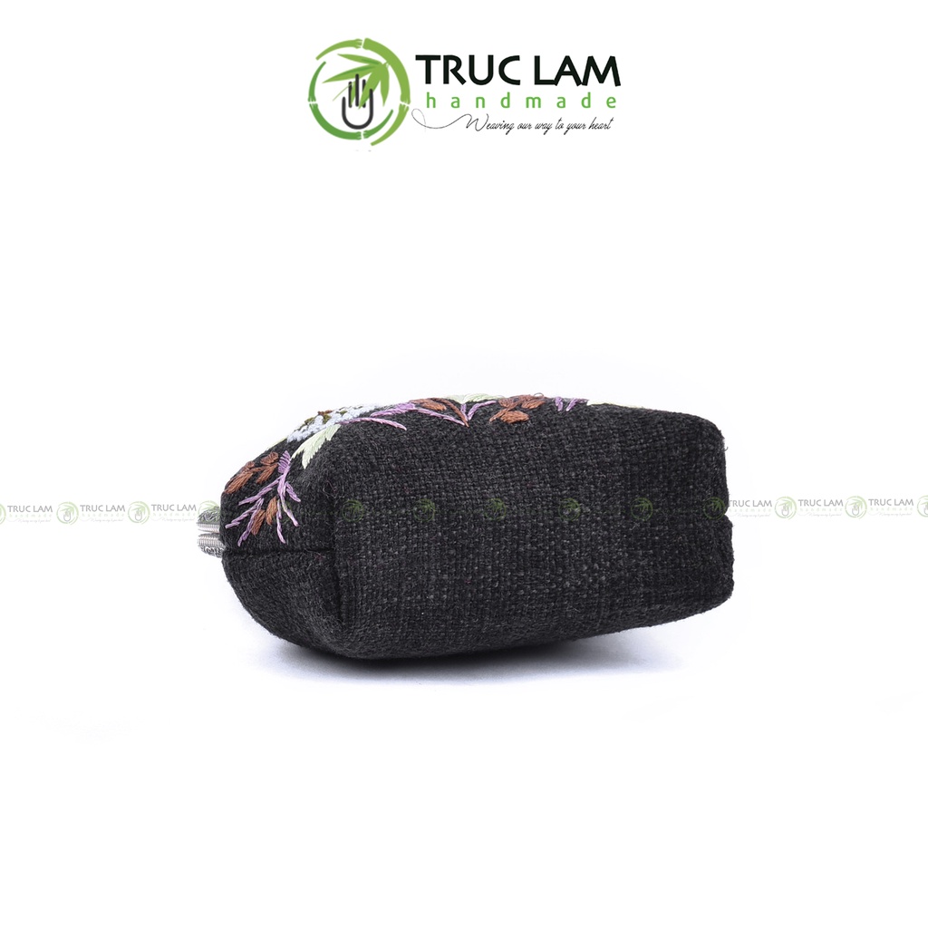 Ví Xu Cầm Tay Mini Khóa Nẹp Đồng Vải Gai Thêu Tay Họa Tiết Hoa Cỏ - Trúc Lâm Handmade