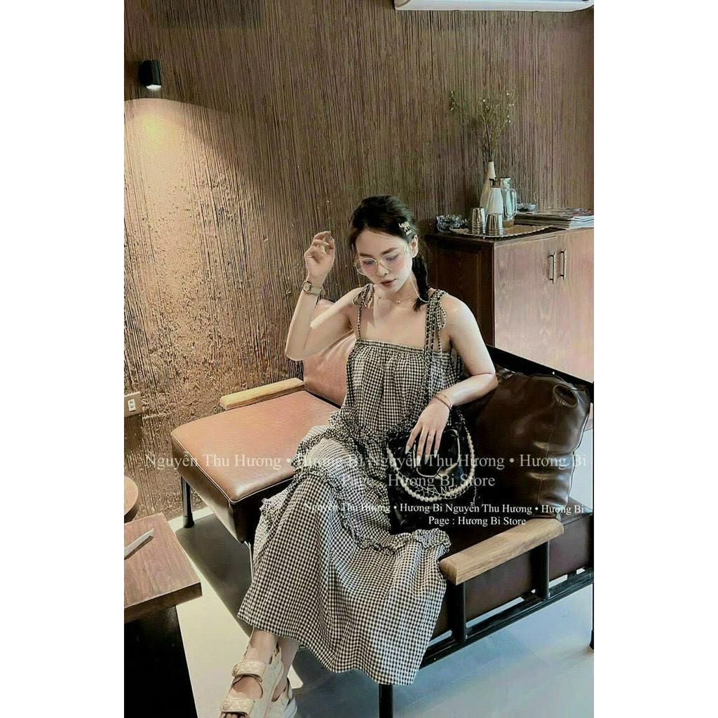 Đầm váy nữ 2 dây cột nơ vai dáng suông sang chảnh dễ thương họa tiết nhún tầng dự tiệc đi chơi