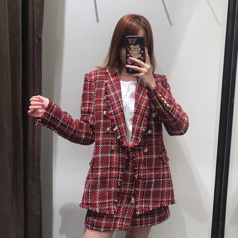 Set dạ Zara tua rua kẻ đỏ