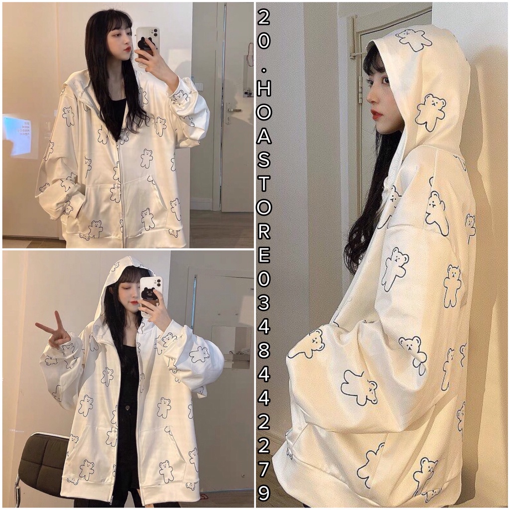 Áo Khoác Nỉ In Hình Gấu Nữ Mee - Áo Hoodie Gấu Trắng Dáng Rộng Ulzzang Hàn Quốc Khóa Kéo