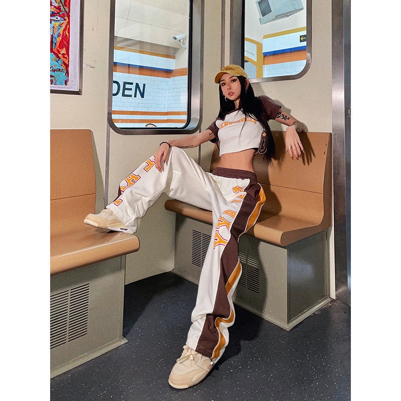 Set áo thun ngắn tay và quần dài ống suông phối màu tương phản phong cách hiphop mùa hè cho nữ