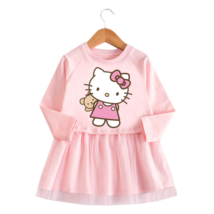 Đầm Công Chúa Tay Dài Phối Lưới In Họa Tiết Gấu Hello Kitty Phong Cách Phương Tây Dành Cho Bé Gái