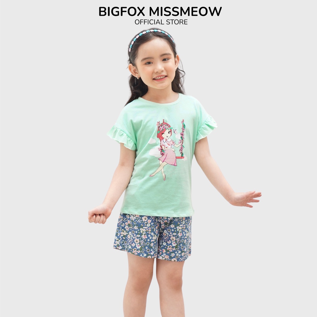 Bộ bé gái Bigfox - Miss Meow mùa hè chất cotton mềm mịn, in cô gái và xích đu size trẻ em 3,4,5,6,7,8,9,10,11 tuổi