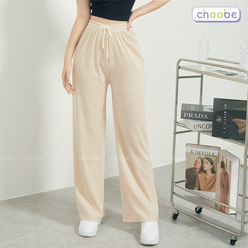 Quần ống rộng nữ Choobe vải gân tăm cạp cao co giãn kiểu culottes dáng thụng mềm mại Q48