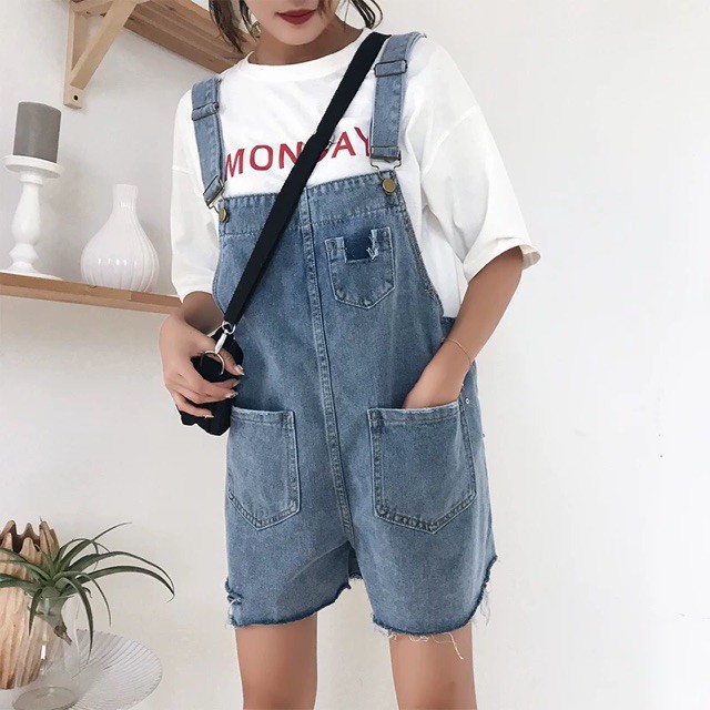 (Order-ảnh thật) có bigsize Quần yếm jeans lửng rách đùi phối 2 túi ullzang 2019