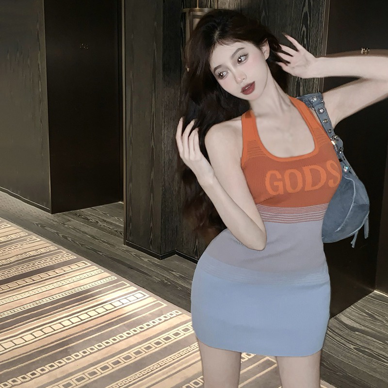 Đầm Dệt Kim Sát Nách Hở Lưng Ôm Dáng Họa Tiết Kẻ Sọc Cầu Vồng Phong Cách Hàn Quốc Cho Nữ