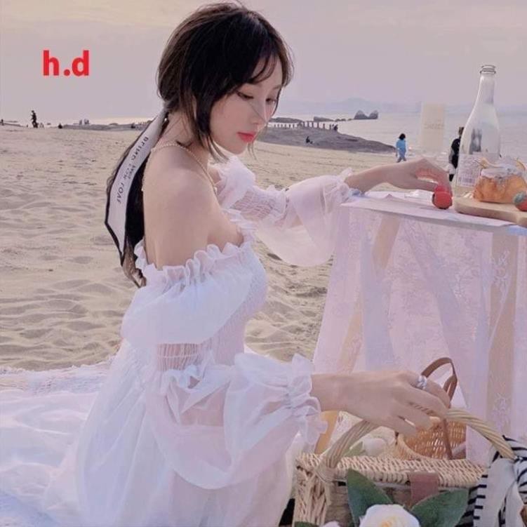ĐẦM TRẮNG nữ dự tiêc VÁY trễ vai maxic tay voan có chun ngực tay lỡ hai lớp dáng xòe