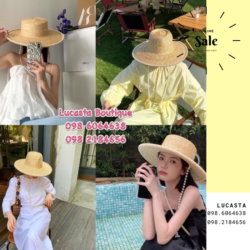 [318] Mũ cói rộng vành mùa hè Pinbo có dây ngọc phong cách Hàn Quốc