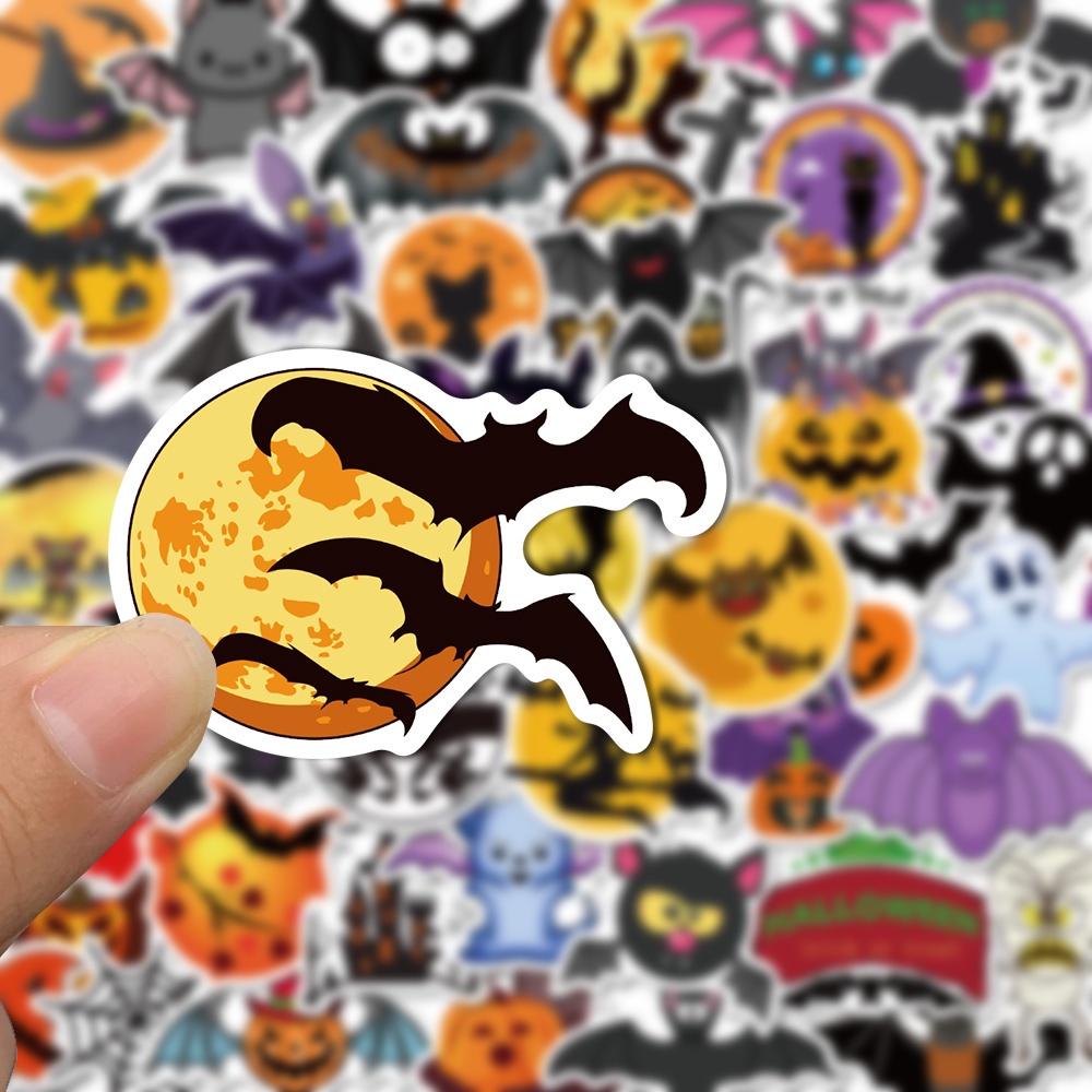 Set 50 chiếc sticker chống nước HALLOWEEN BÍ NGÔ VÀ PHÙ THỦY dán mũ bảo hiểm, vali, xe máy, đàn guitar, laptop