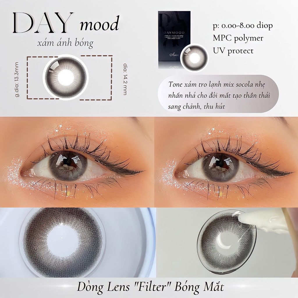Kính áp tròng xám lạnh ánh bóng DAYMOOD GRAY chất liệu cấp ẩm cho mắt khô và chống tia UV