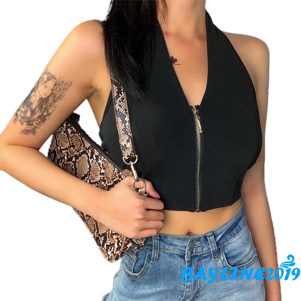 Áo Tank Top Hai Dây Cổ Chữ V Sâu Màu Trơn Có Khóa Kéo Gợi Cảm Cho Nữ