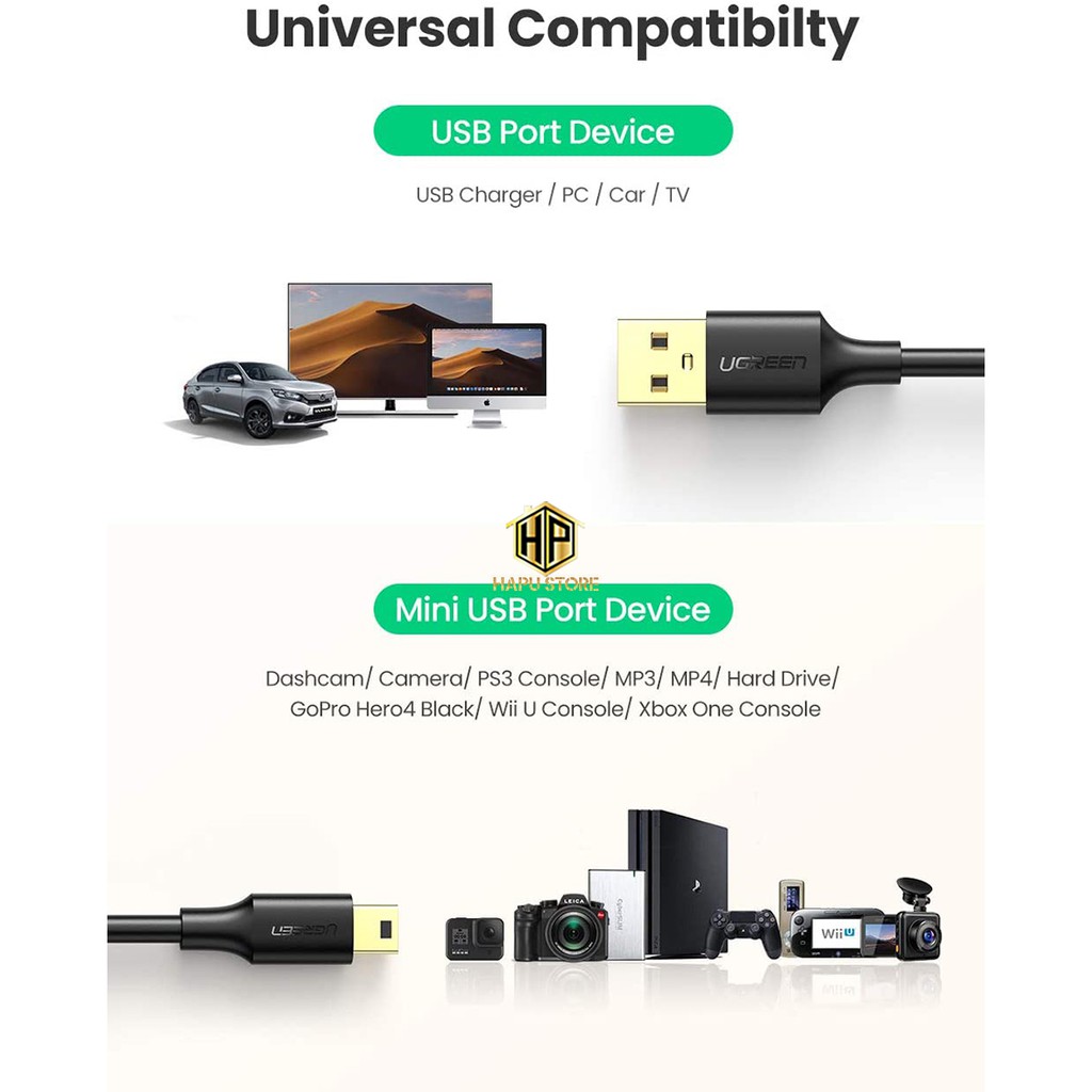 Cáp USB 2.0 to Mini USB Ugreen 10354 dài 0.5M chính hãng - Hapustore