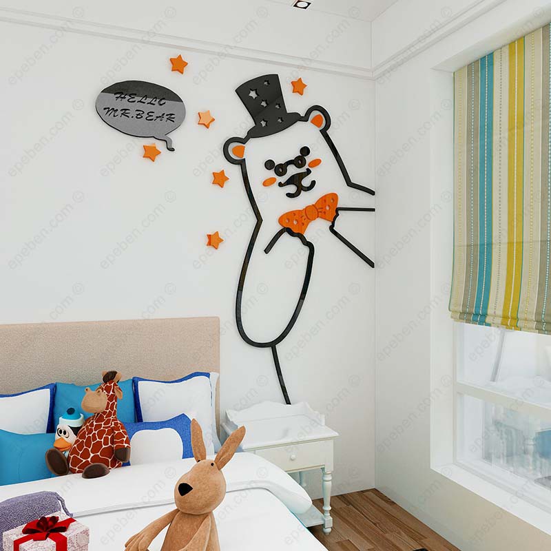 Tranh dán tường mica 3d decor khổ lớn gấu lớn lịch lãm Dán Cửa trang trí mầm non, phòng cho bé Nhiều Size - EPeBen