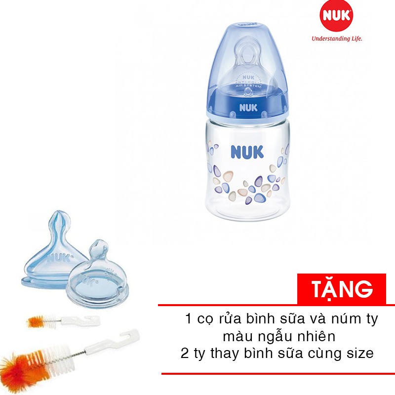 Bình sữa NUK cổ rộng PA 150ml núm ti Silicone S1 -M NU21475 tặng cọ rửa bình sữa và núm ty và 2 ty bình sữa cùng size