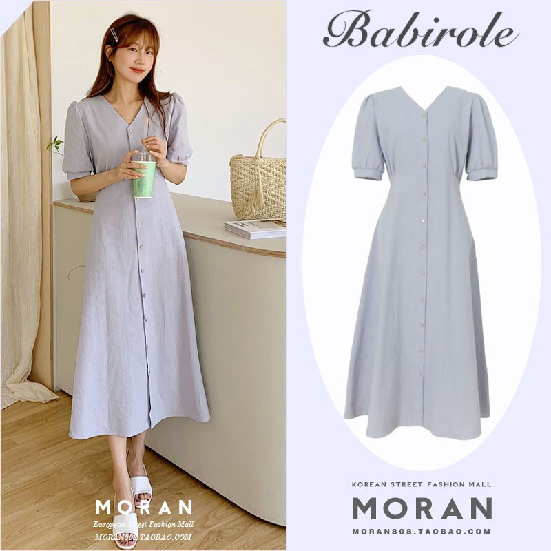 May29th.shop Váy Moran cổ chữ V có dây thắt eo, đính khuy đơn giản và duyên dáng phong cách Hàn Quốc