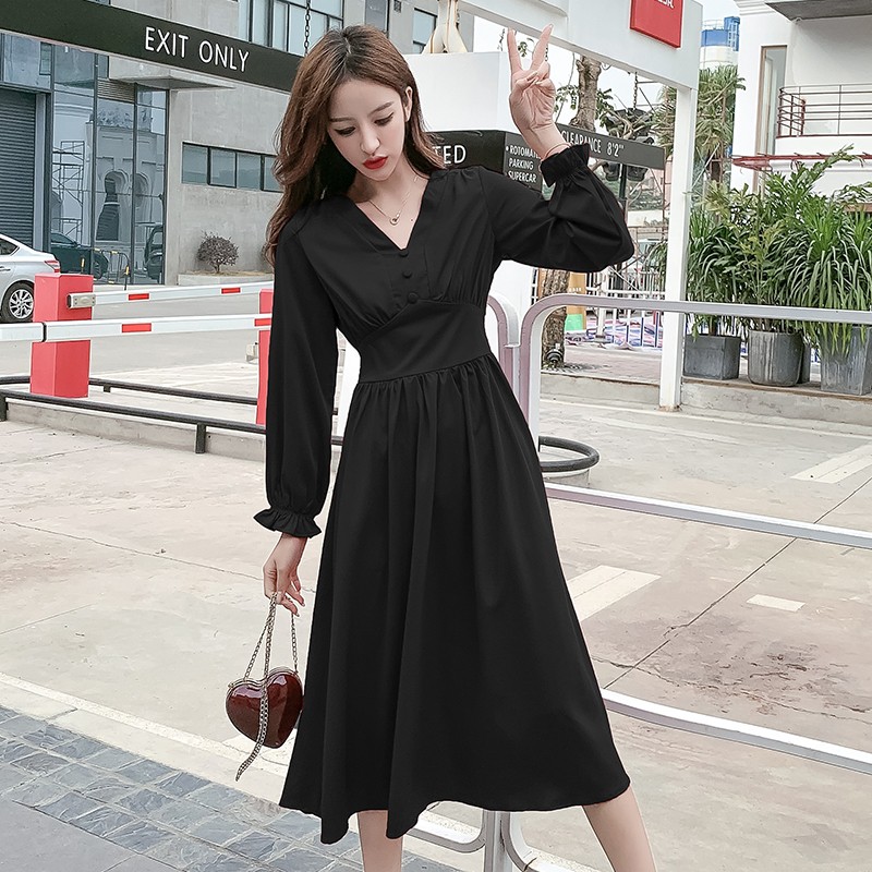 Đầm dài tay cổ chữ V phong cách ulzzang Hàn Quốc cho nữ | BigBuy360 - bigbuy360.vn