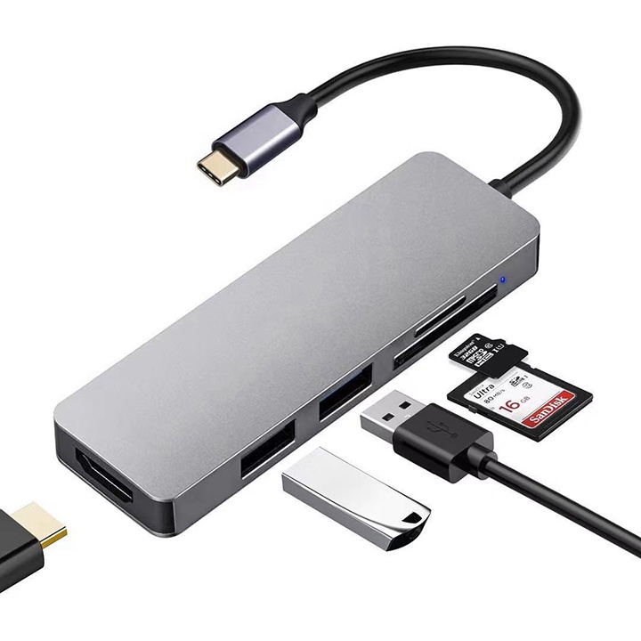 Hub Chia Type C Ra 5 Cổng USB, HDMI, Đầu Đọc Thẻ SD, TF