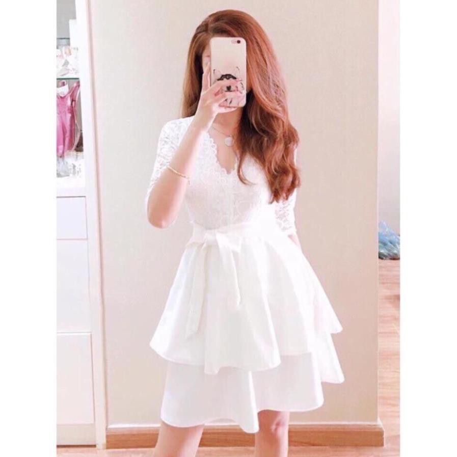 Đầm dự tiệc dáng xòe cổ tim đẹp lộng lẫy, đầm ren trắng siêu xinh Pie Dress