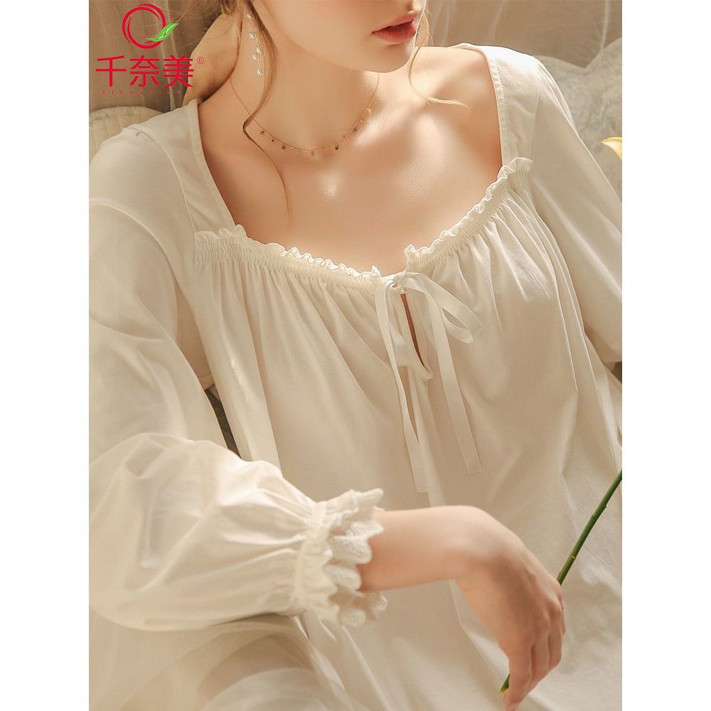 Đầm ngủ cotton tay dài dáng rộng phong cách công chúa dễ thương thời trang xuân thu cho nữ