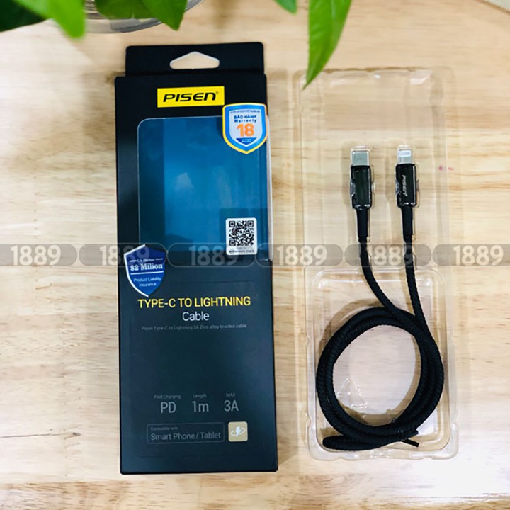 Cáp Pisen Quick Lightning & Type-C 3A ZINC Alloy Braided 1000mm - Cáp Sạc Lightining Hỗ Trợ Sạc Nhanh 3A - CL-PD02-1000