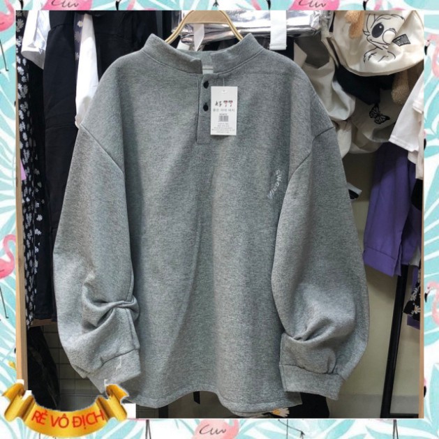 (mới) ÁO SWEATER XÁM CÚC CỔ CỰC NGẦU - Áo Nỉ Ngoại Tay Bồng Thêu Swt Đen Trắng Xám Unisex