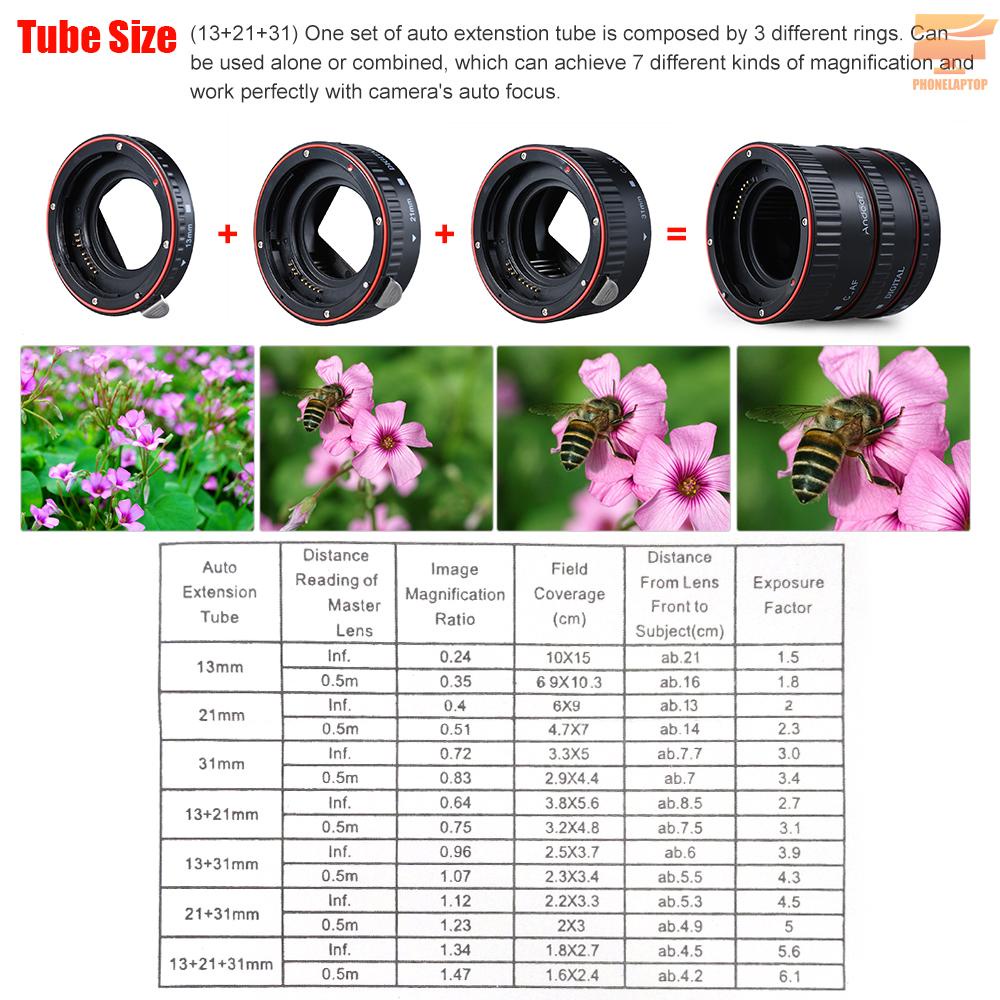 Lapt Andoer Macro Extension Tube Set 3-Piece 13mm 21mm 31mm Auto Focus Extension Tube Rings for Camera Body and Lens of 35mm SLR Compatible for Canon all EF and EF-S Lenses