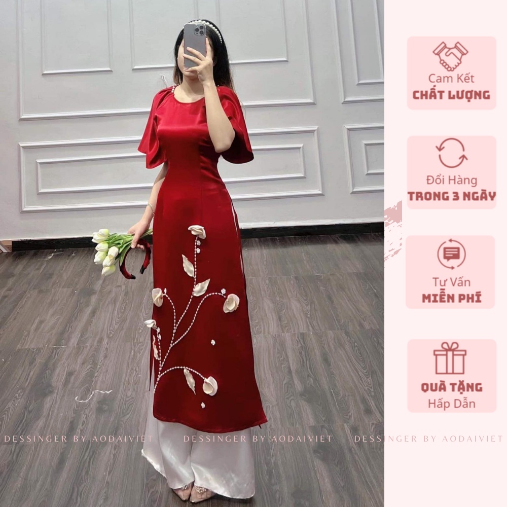 Áo Dài cách tân vải gấm tatta đỏ + vàng , áo dài vai bồng thêu hoa nổi  nhẹ nhàng