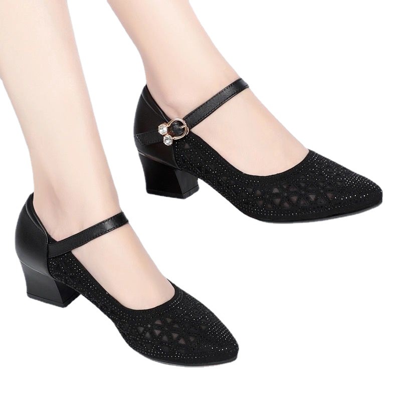 Giày Cao Gót Da Mềm Phối Lưới Thoáng Khí Chống Mòn Size 35-39 Thời Trang Mùa Hè Cho Phụ Nữ Trung Niên