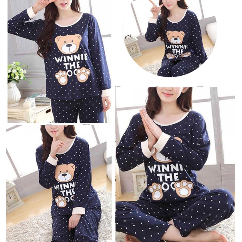 Bộ Đồ Ngủ Áo Tay Dài In Hình Gấu Phối Quần Dài Chấm Bi Dễ Thương Cho Nữ