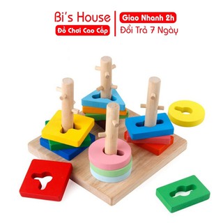 Đồ chơi gỗ - thả hình 3D đế vuông 4 trụ