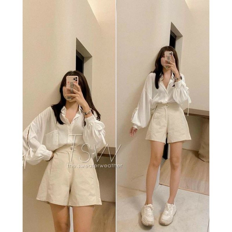 Áo sơ mi đũi rút dây tay fom thụng hàng đẹp