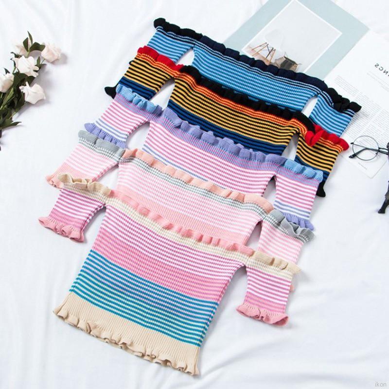 Áo croptop cổ ngang dệt kim họa tiết sọc ngọt ngào dành cho nữ