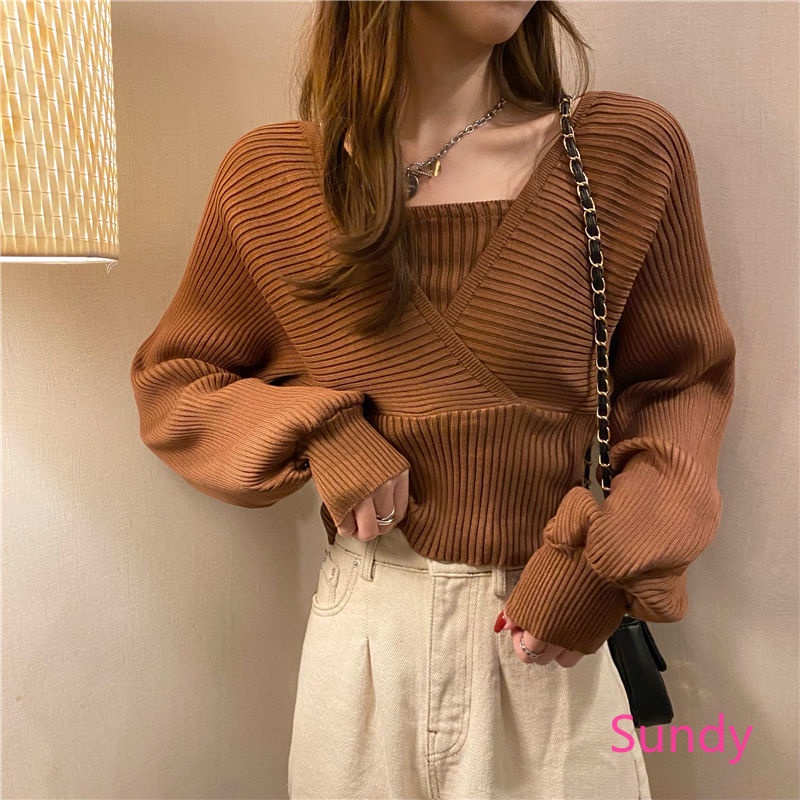 Áo sweater dệt kim tay phồng cổ chữ v phối áo dây bên trong giả 2 lớp thời trang mùa thu cho nữ | BigBuy360 - bigbuy360.vn