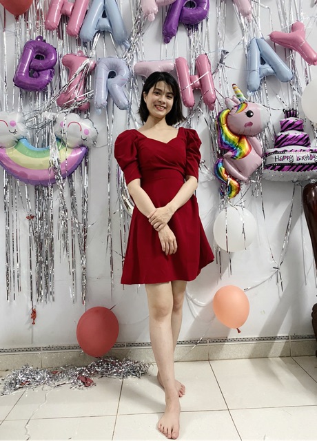 Đầm xoè cổ đắp chéo tay phồng 2 màu | BigBuy360 - bigbuy360.vn