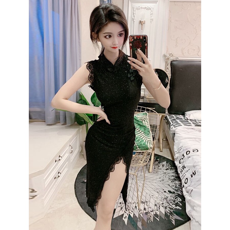 💗Đầm Sườn Xám Cách Tân Dáng Ôm Phối Ren Lấp Lánh Thời Trang Quyến Rũ Cho Nữ