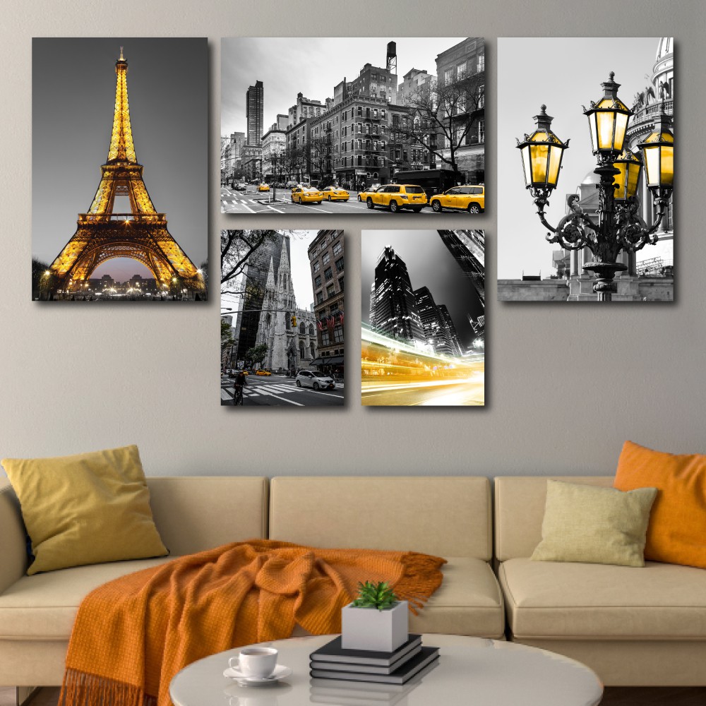 Tranh treo tường canvas Paris sắc vàng decor trang trí phòng khách, phòng ngủ &amp; cầu thang có khung cao cấp khổ lớn 40x60