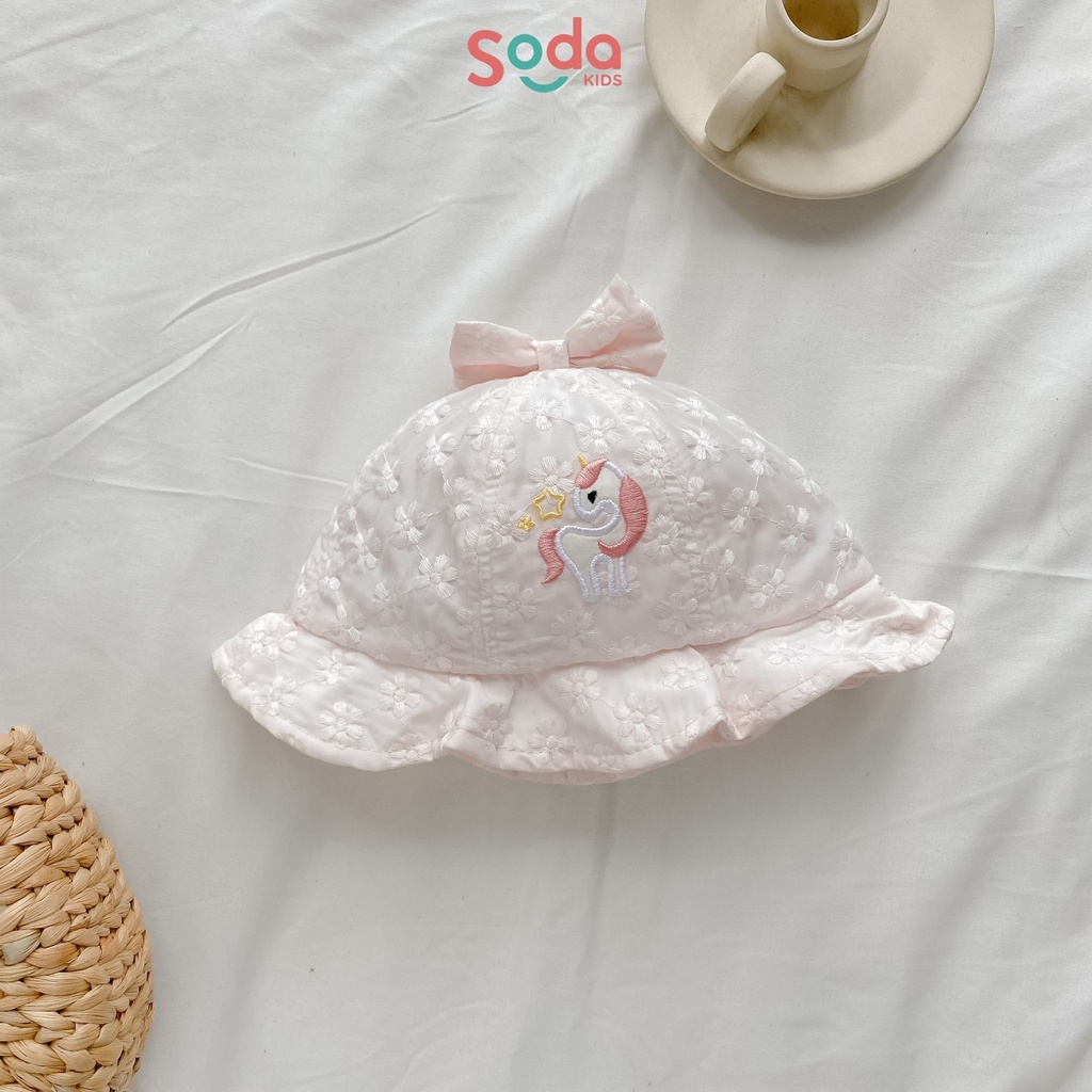 Mũ vành vải ren thêu ngựa đính nơ dễ thương dành cho bé gái (Ảnh thật)