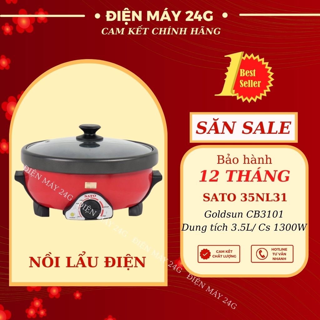 Nồi lẩu điện mini SATO 35NL31 dung tích 3.5L bếp nấu lẩu đa năng lòng nồi nhôm chống dính cao cấp vung nồi thủy tinh