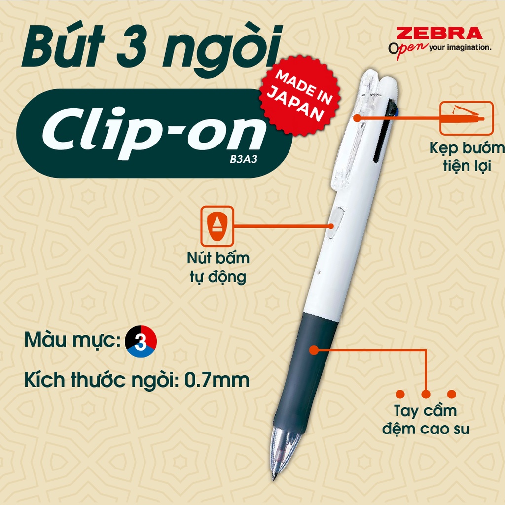 Viết 3 Ngòi Clip-on 0.7mm Zebra - Nhật Bản [Chính hãng]